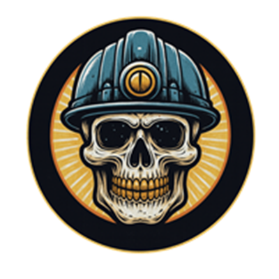 Et grafisk design af et kranium iført en minerhjelm, omgivet af stråler.