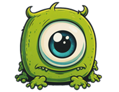 Et sødt, grønt monster med et stort, blåt øje og små horn, der ser lidt sørgmodigt ud.