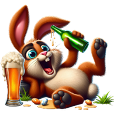 En tegneseriekanin, der nyder en flaske øl og har det sjovt med snacks.
