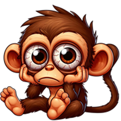 En tegnet abe med store øjne, der ser trist og kede sig ud.