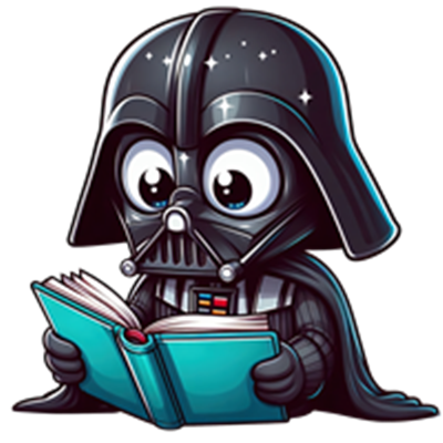 En sød, tegneserieagtig version af en Sith-lord, der læser en bog.
