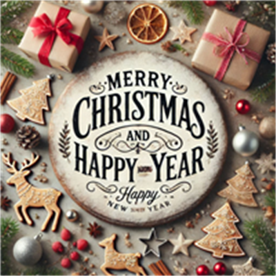 Et festligt billede med juledekorationer, gaver og en hilsen om glædelig jul og godt nytår.