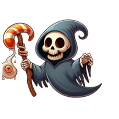 En farverig og sjov tegning af et skelet i kappe, der holder en slikpind.