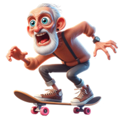 En komisk gammel mand med hvidt skæg, der står på et skateboard og ser skræmt ud.