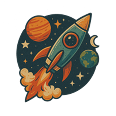 En farverig illustration af en retro raket, der flyver gennem rummet med planeter og stjerner.