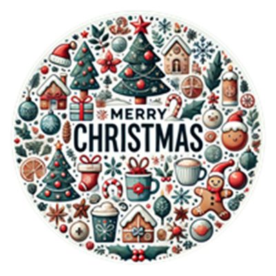 Et farverigt billede med juletræer, gaver, juleslik og en Merry Christmas besked.