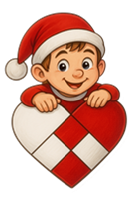 En glad dreng iført en julehat, der holder fast i et stort hjerte med røde og hvide mønstre.