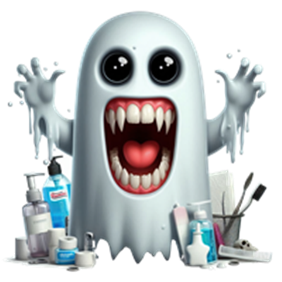 Et spøgelse med store tænder og skræmmende øjne omgivet af skønhedsprodukter.