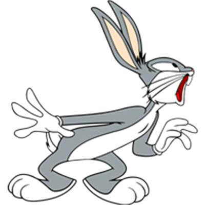 En tegneseriefigur af en grå kanin med lange ører, der ser ud til at være i bevægelse.