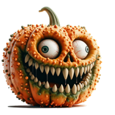Et græskar med et uhyggeligt ansigt, der har store tænder og buler, perfekt til Halloween.