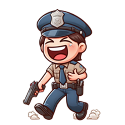 En humoristisk tegneseriefigur af en glad politibetjent, der går med en pistol.