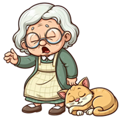En sød tegning af en bedstemor med gråt hår og briller, der står ved siden af sin sovende kat.