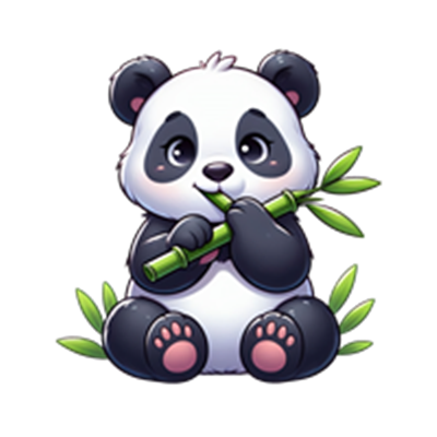 En tegneserieagtig panda, der sidder og spiser bambus, omgivet af grønne blade.