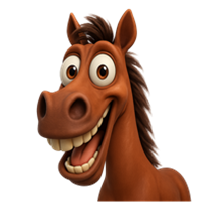 En farverig og glad hestefigur med store øjne og et stort smil.