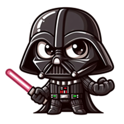 En sød og tegneserieagtig version af Darth Vader, der holder et lyssværd.