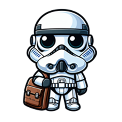 En sød, cartoon-lignende stormtrooper iført en klassisk uniform og bærende på en taske.