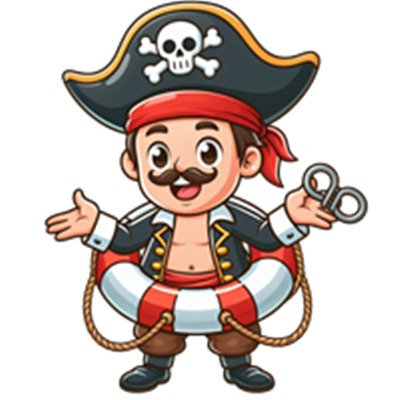 En glad pirat med en skaldet hat og en redningskrans, der gestikulerer.