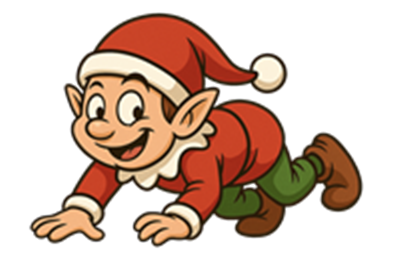 En glad nissekriger iført rød dragt og nissehue, der kravler med et stort smil.