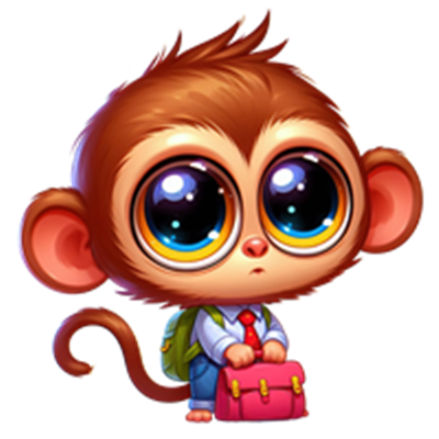 En farverig, tegneserieagtig abe med store øjne, iført tøj og med en skoletaske.