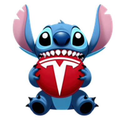 Et farverigt, tegneserieagtigt billede af Stitch, der holder en rød Tesla-bold.