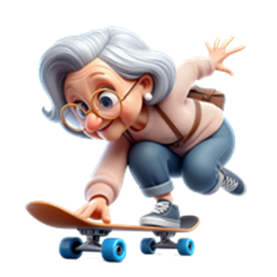 En livlig, animeret bedstemor, der skater på en skateboard med entusiasme.