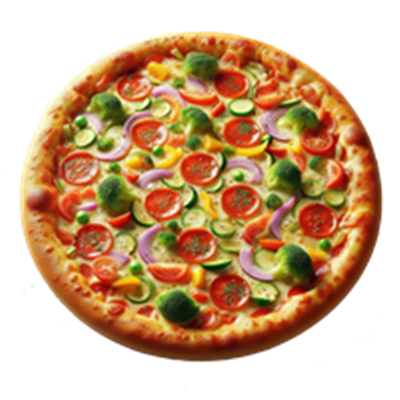 En lækker pizza toppet med friske grøntsager som tomater, løg, og broccoli.