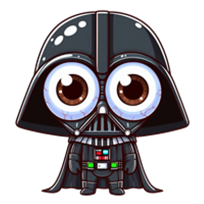 En sød, cartoonagtig version af Darth Vader med store øjne og en farverig dragt.