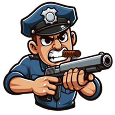 En cartoonagtig politimand, der peger med en pistol og har en cigar i munden.