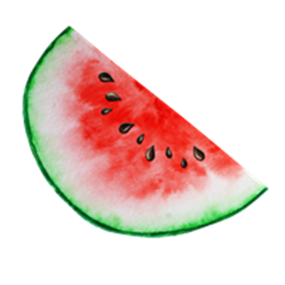 En skive af vandmelon med rød frugtkød og sorte kerner, omkranset af grøn skal.