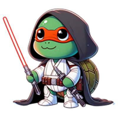 En sød skildpadde klædt som Jedi med lyssværd og kappe.