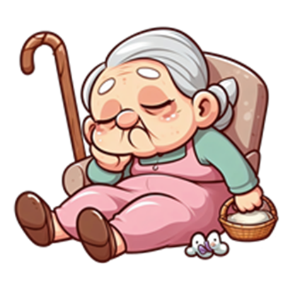 En sød, tegnet bedstemor sidder i en stol med en kurv og sover.