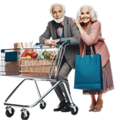 To glade ældre personer står ved en indkøbsvogn fyldt med varer.