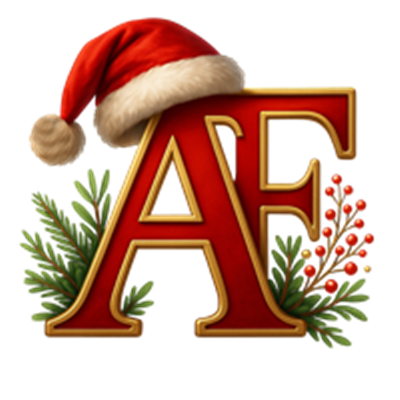 Et dekorativt logo med bogstaverne AF, iført en julehat og omgivet af julegrønt.
