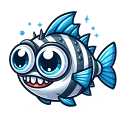 En farverig og glad tegneserie fisk med store øjne og smil.