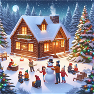 En hyggelig vinterscene med en hytte, sne, juletræer og børn, der bygger en snemand.
