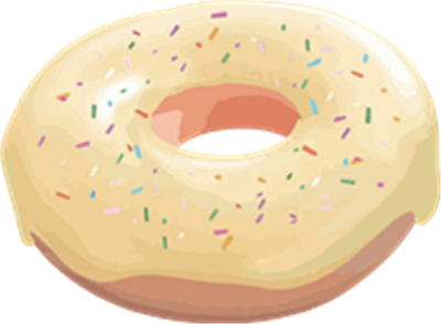 Et illustreret donut med en gylden glasur og farverige strøelse.