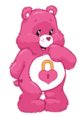 En farverig pink bjørn med et hjerte og en lås på maven, der ser venlig ud.