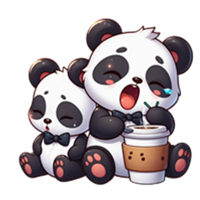 To nuttede pandabjørne, en lille og en stor, sidder sammen med en kop kaffe.