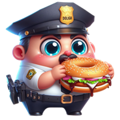 En tegneserieagtig politimand med store øjne, der holder en stor burger.