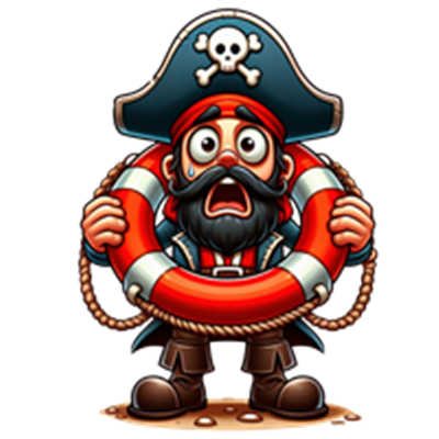 En komisk pirat med en stor hat og en redningskrans, der ser skræmt ud.