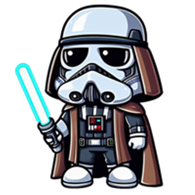 En tegneserieagtig figur med en lysestav, inspireret af Star Wars-universet.