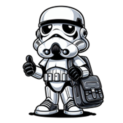 En sød, tegneserieagtig stormtrooper med taske, der giver tommel op.