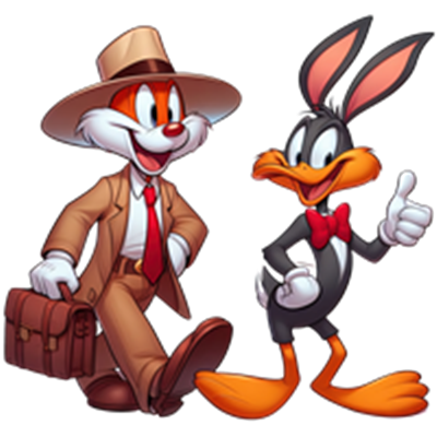 To ikoniske tegnefilmsfigurer, en med hat og kuffert, den anden med slips og tommel op.