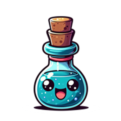 En farverig og glad eliksir i en flaskelignende beholder med en korkprop.