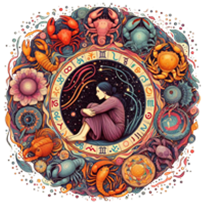 Et farverigt billede med astrologiske symboler og en person, der sidder i midten.