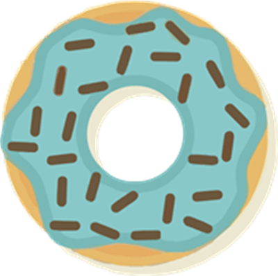 En illustreret donut med blå glasur og chokoladechips på toppen.