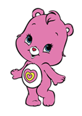 En farverig pink bjørn med store øjne og et hjerte på maven, der ser venlig ud.