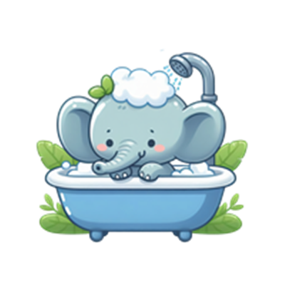 En tegnet elefant med sæbe i badekar, der får vand fra en bruser.