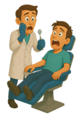 En tandlæge ser bekymret ud, mens en patient ser skræmt ud i tandlægestolen.