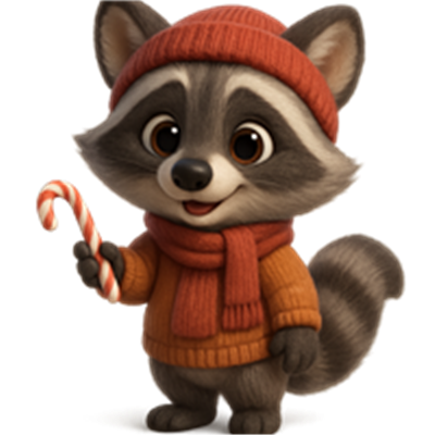 En charmerende vaskebjørn iført en rød hue og tørklæde holder en slikstok.